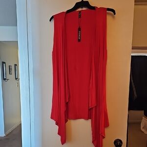Red Sleeveless Drape Open Front Cardigan